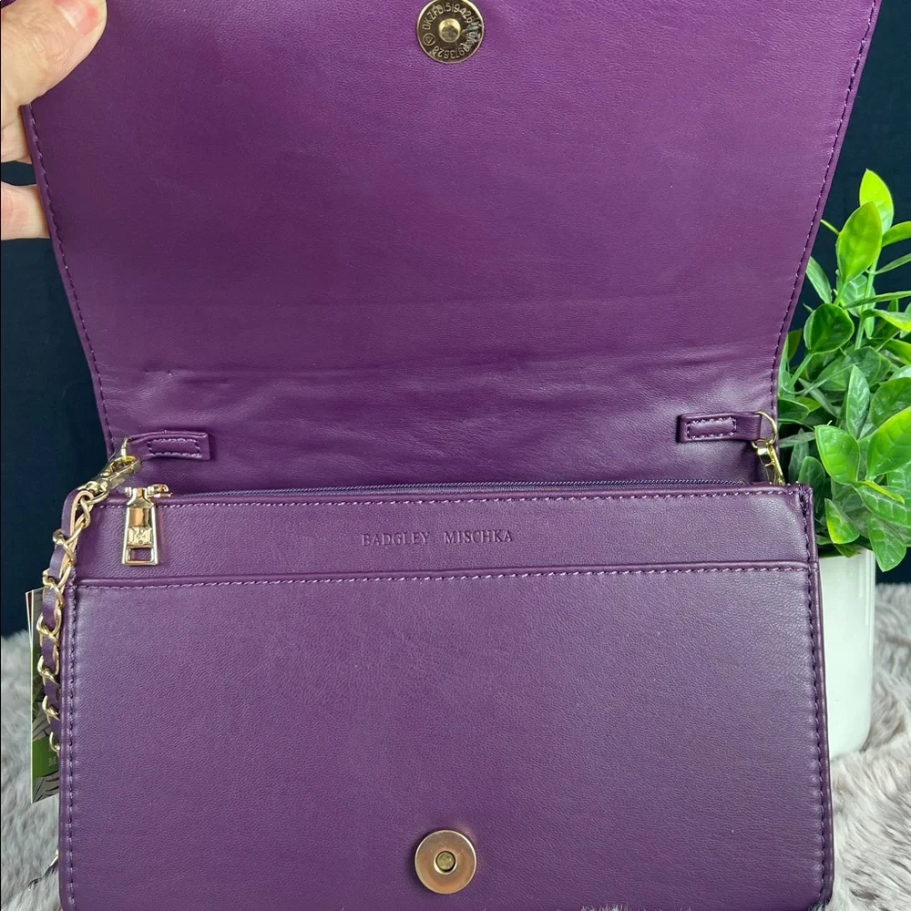 NWT Badgley Mischka Plum Quilted Vegan Leather Crossbody Bag w Chain Strap_7